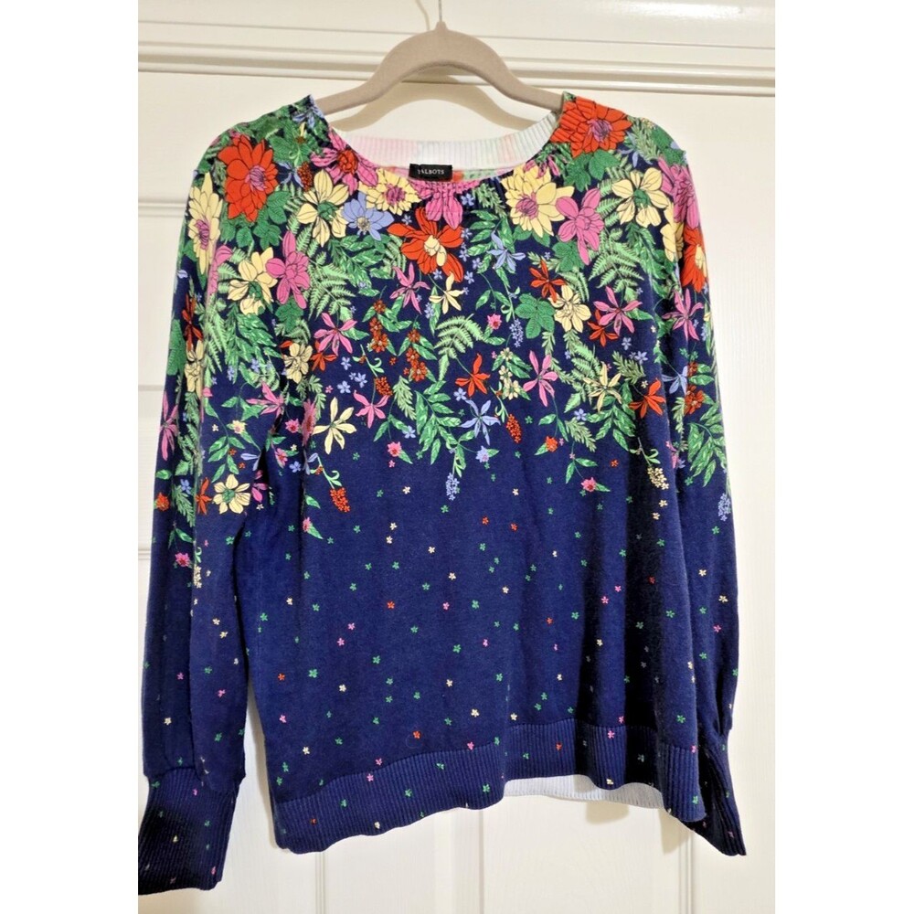 Talbots Cotton Blend Blissful Floral Pullover Sweater Size Medium - Picture 3 of 4